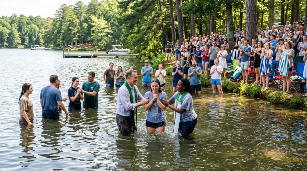 Fiéis reunidos para evento de batismo ao ar livre em um lago na Carolina do Norte.