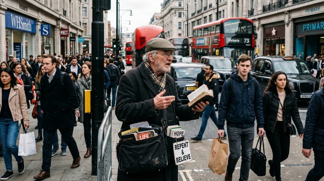Richard Johnson, pregador cristão, em uma rua de Londres