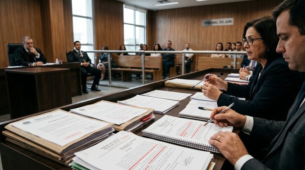 Tribunal de justiça nos Estados Unidos com documentos legais em foco.