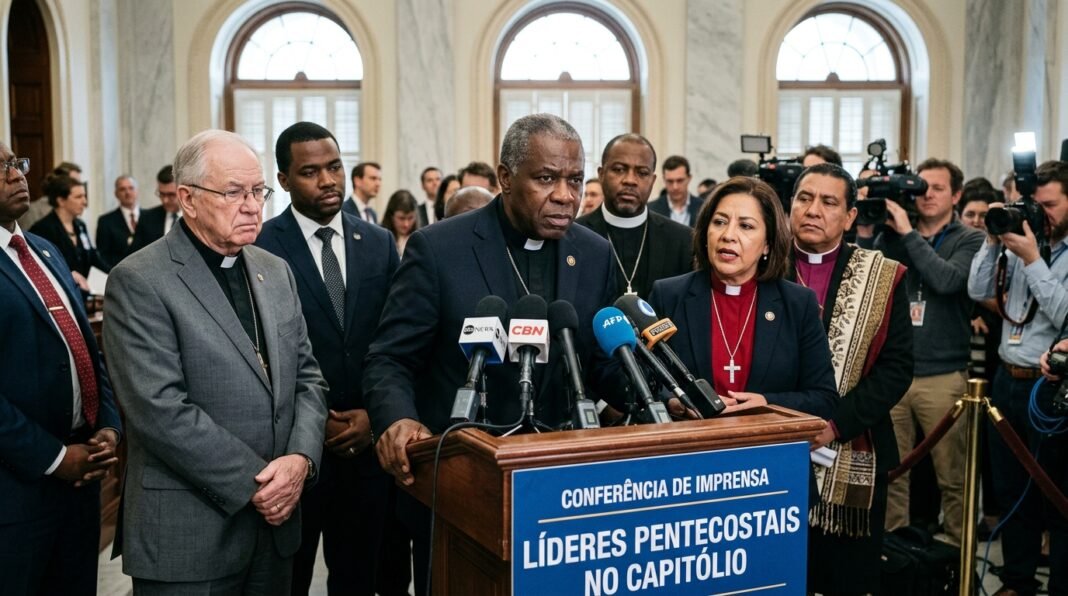Líderes pentecostais em conferência de imprensa em Washington pedindo extensão do TPS.
