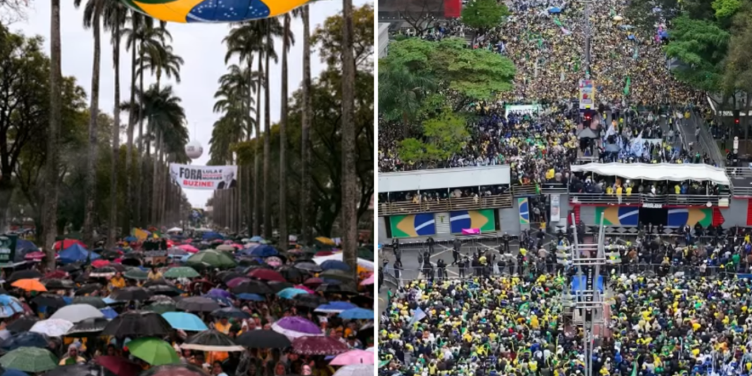 Pessoas reunidas em manifestação do 7 de Setembro com bandeiras do Brasil