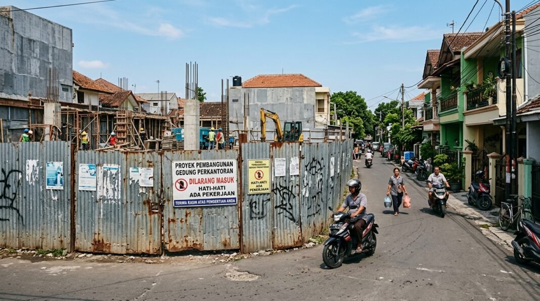 Vista externa de um terreno residencial em Surabaya, Indonésia, onde moradores contestam construção.