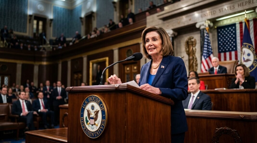 Nancy Pelosi falando em um púlpito durante sessão na Câmara dos Representantes dos EUA.
