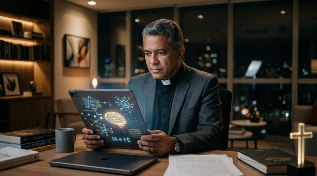 Pastor olhando para uma tela de computador com símbolos de inteligência artificial