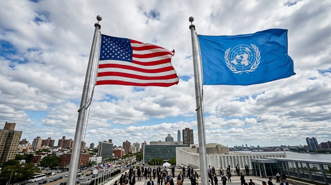 Bandeiras da ONU e dos EUA hasteadas lado a lado.