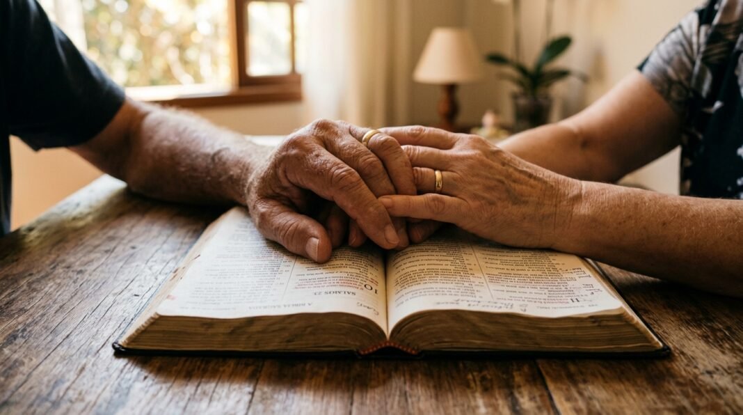 Mãos entrelaçadas sobre uma Bíblia aberta