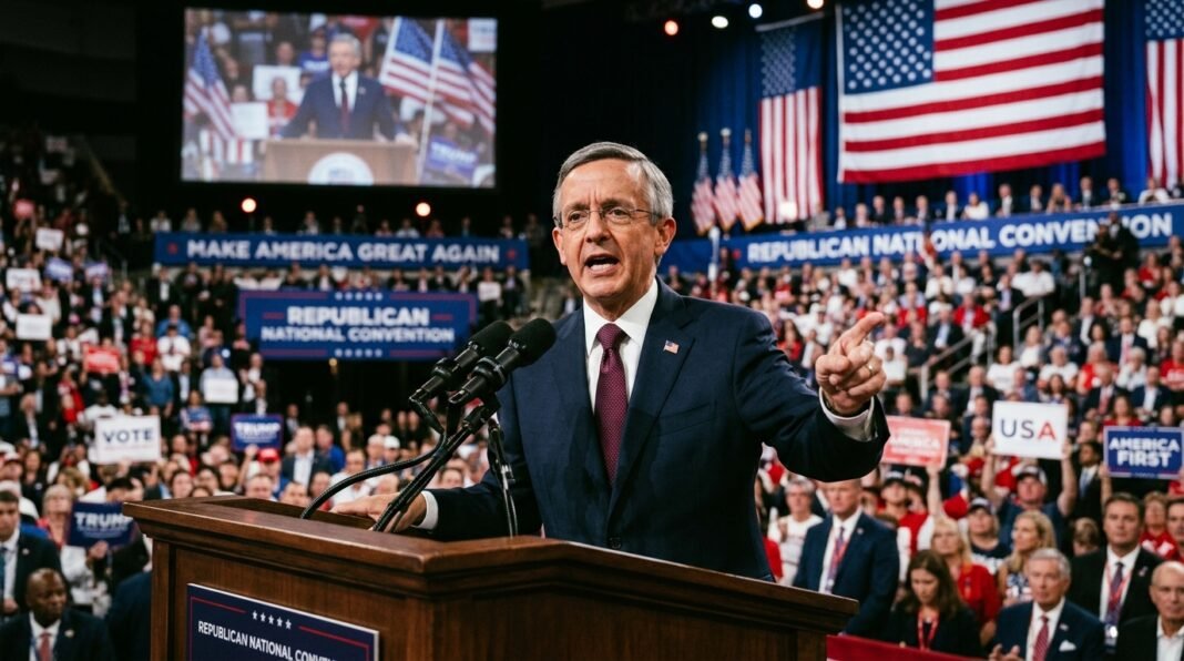 Pastor Robert Jeffress discursando no palco da convenção do Partido Republicano