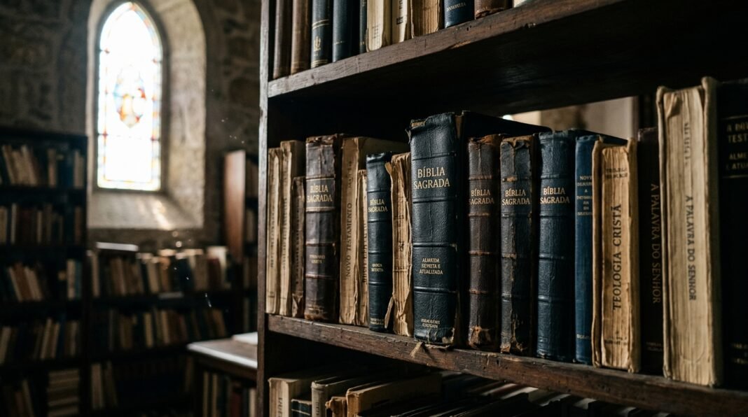 Livros religiosos e Bíblias em uma estante, representando a repressão a materiais cristãos.