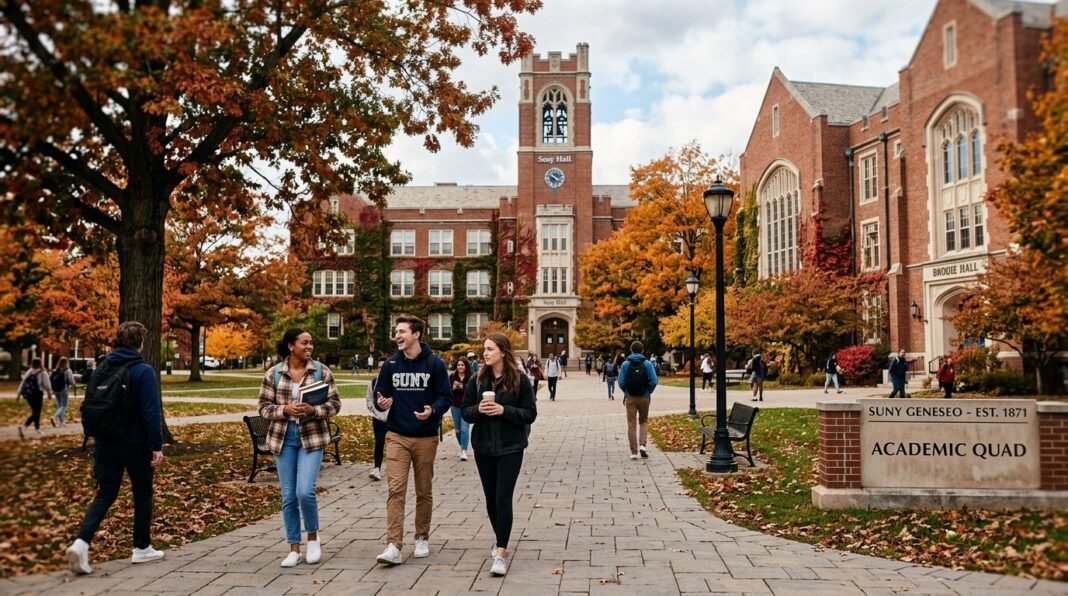 Fachada de prédios de uma faculdade pública americana durante o outono