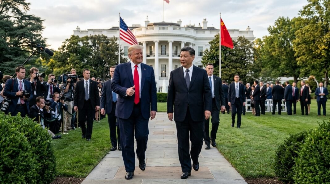 Presidente Donald Trump e Xi Jinping caminhando em evento diplomático.