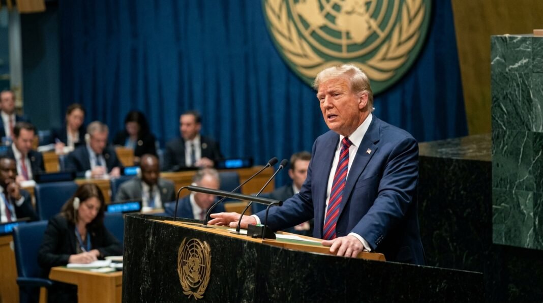 Donald Trump discursando na tribuna da Assembleia Geral da ONU.