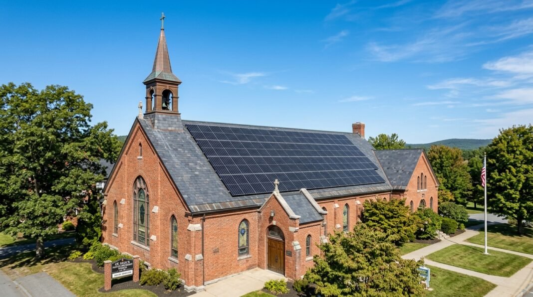 Painéis solares instalados no telhado de uma igreja