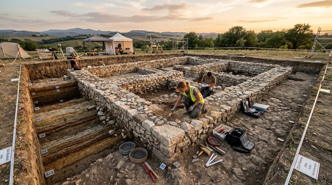Sítio arqueológico em Altino, Itália, mostrando as fundações descobertas de uma igreja primitiva.