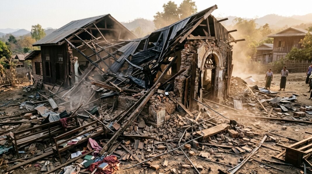 Ruínas de uma igreja presbiteriana destruída por ataque aéreo em Mindat, Myanmar.