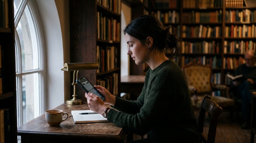 Uma pessoa utilizando um smartphone em ambiente de estudo com iluminação suave