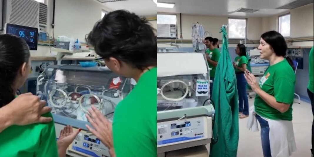 Integrantes do grupo Cantareiros cantando em UTI Neonatal