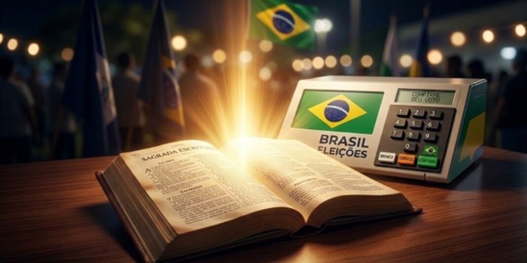 Eleitor lendo documentos políticos com expressão de seriedade e reflexão.