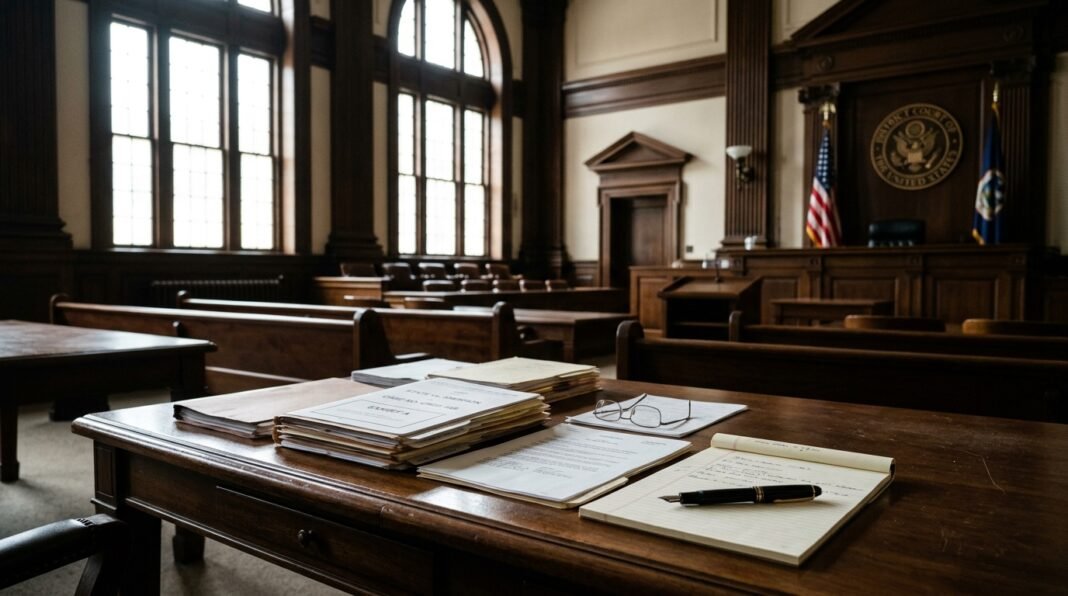 Interior de um tribunal americano representando o cenário jurídico do acordo