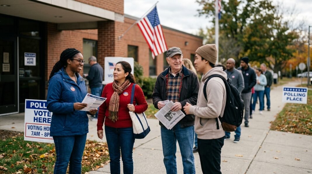 Eleitores americanos em frente a um local de votação.