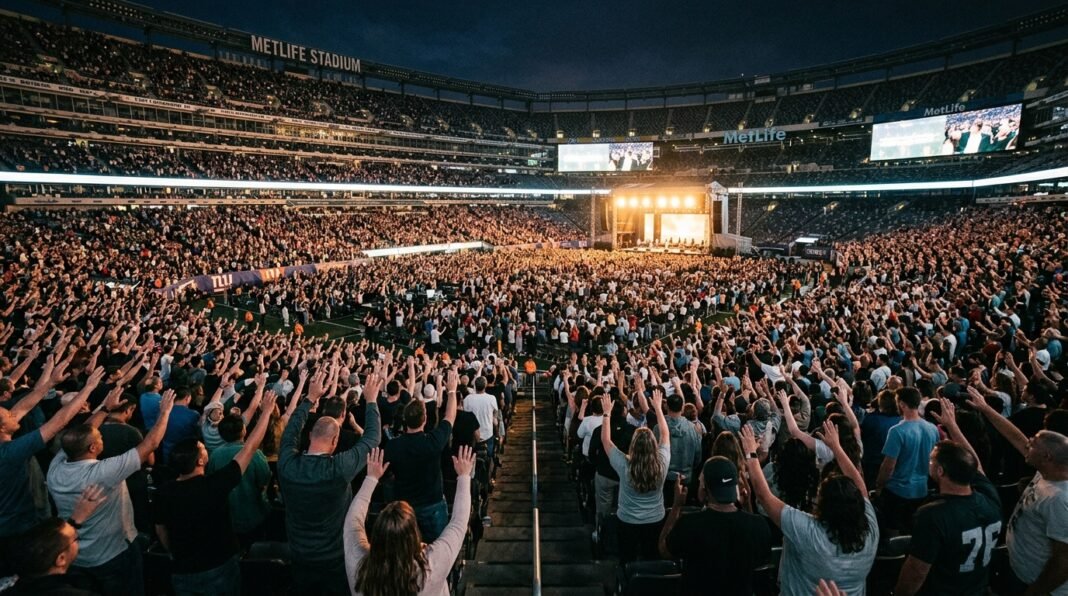 Milhares de pessoas reunidas no AT&T Stadium com as mãos levantadas em oração