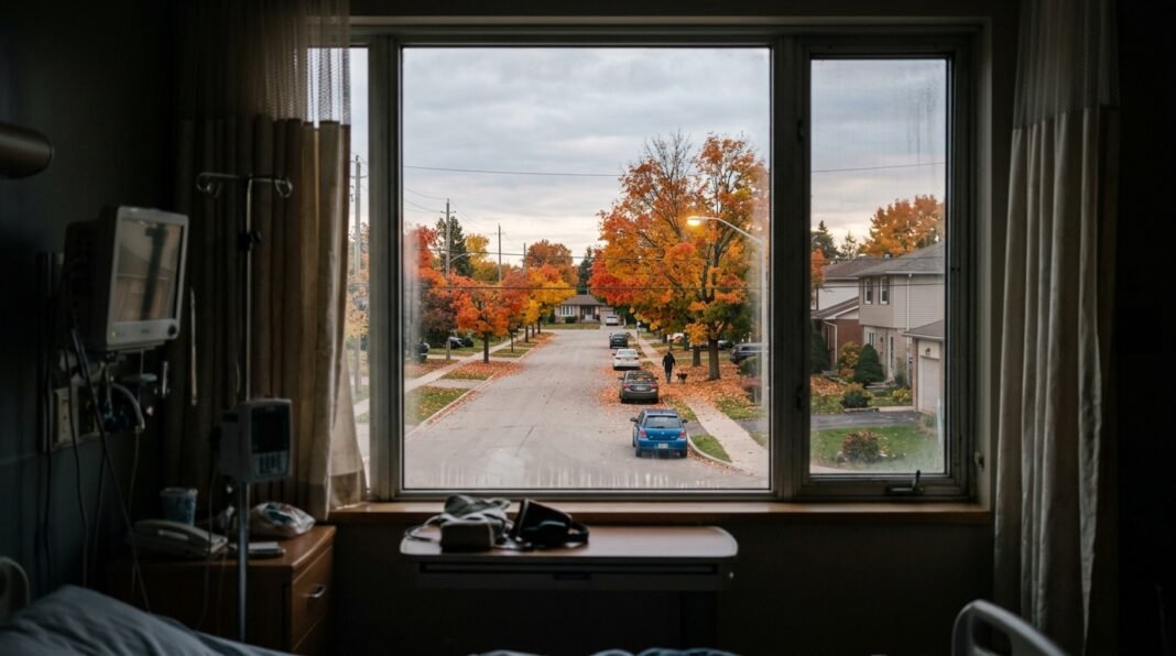 Vista de uma janela de hospital em uma rua suburbana canadense