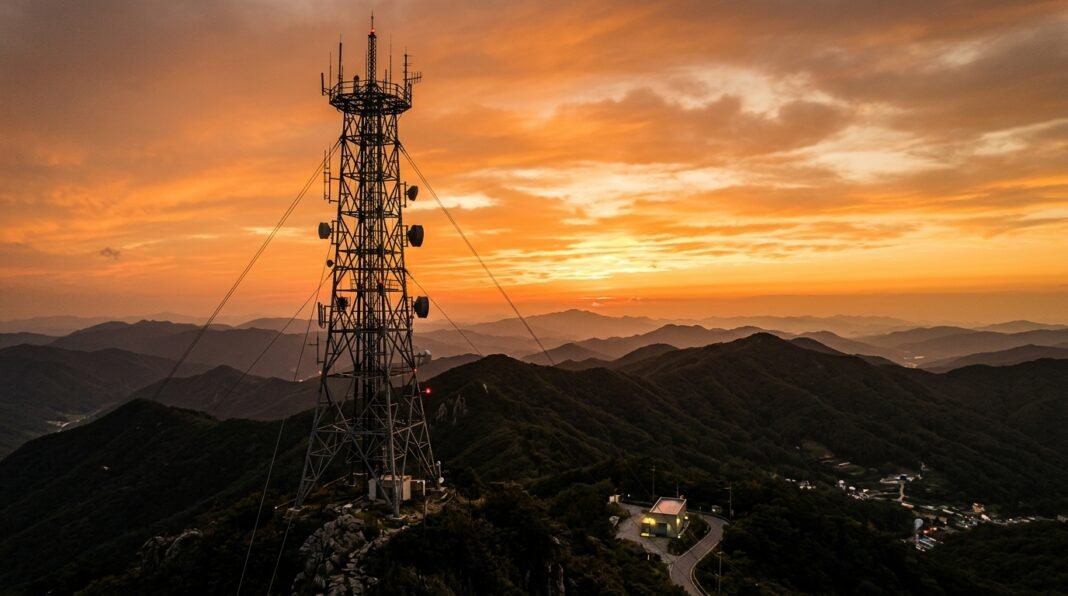 Torre de transmissão de rádio da FEBC-Korea durante o pôr do sol