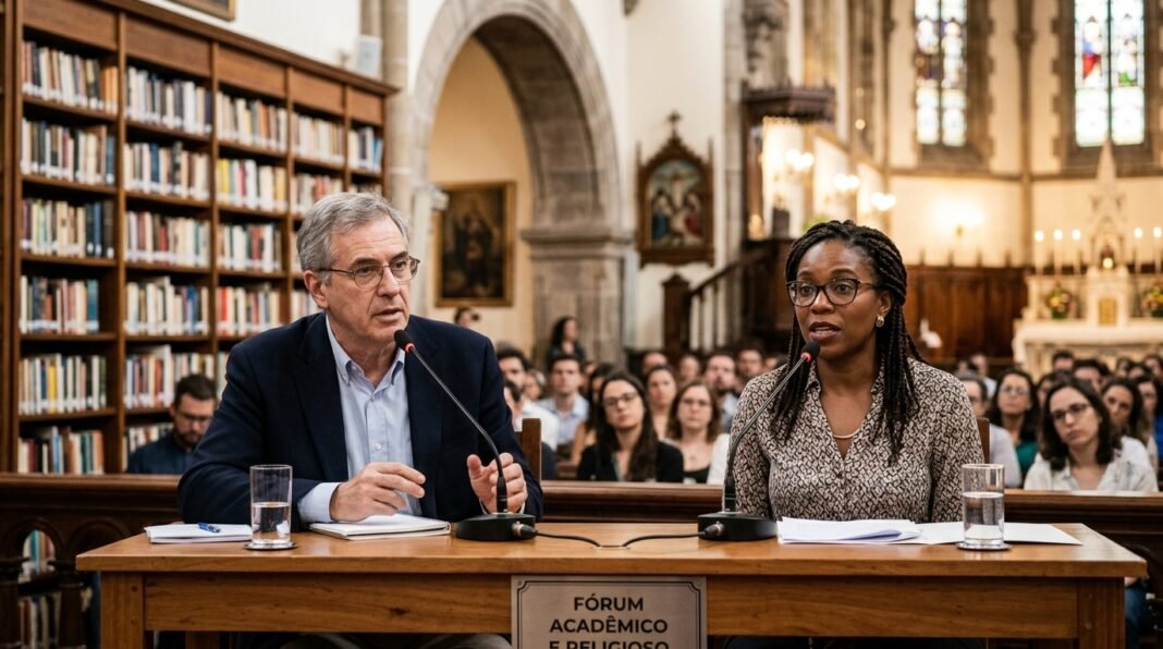 Palestrantes em fórum religioso discutindo a história da igreja.