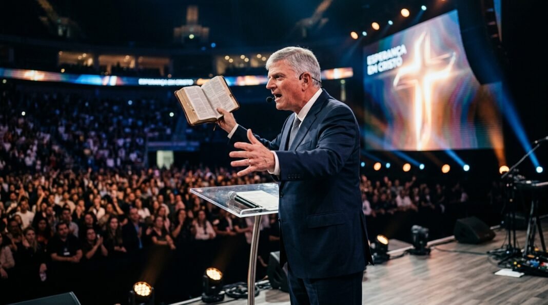 Franklin Graham discursando com uma Bíblia na mão durante evento em Manchester.