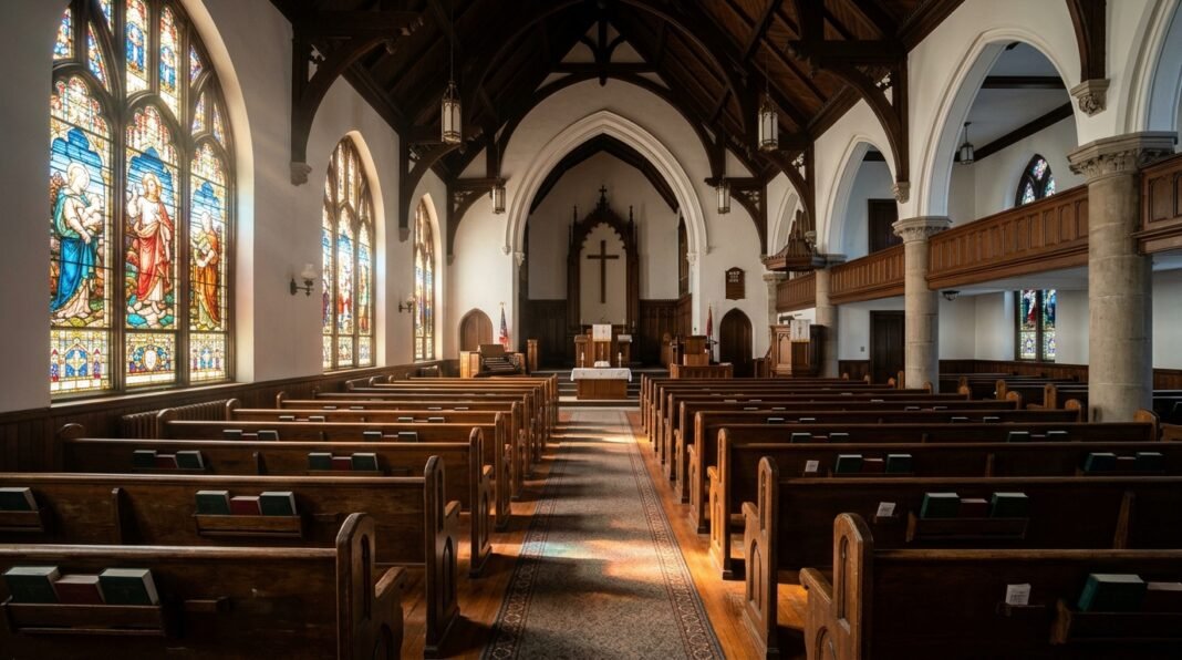 Interior de uma igreja metodista com bancos de madeira vazios.
