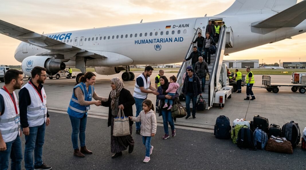 Cidadãos nigerianos chegando ao aeroporto de Lagos em operação de repatriação.
