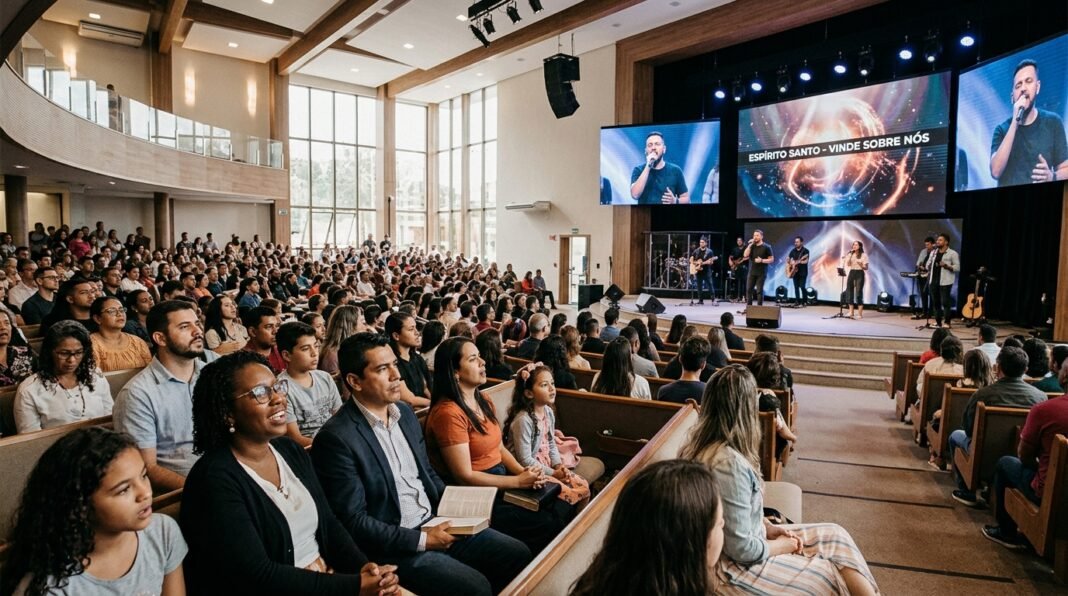 Interior de igreja moderna com fiéis atentos durante culto