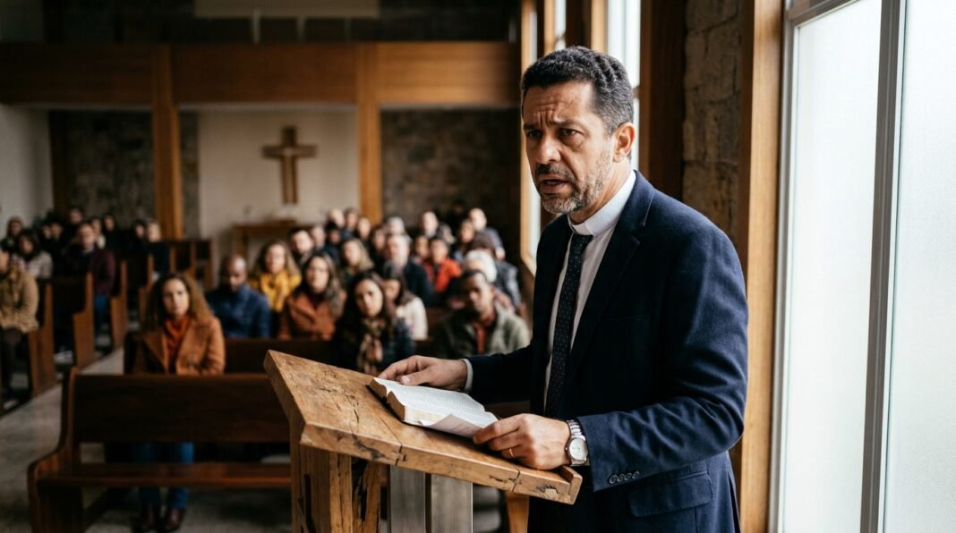 Pastor em púlpito de igreja expressando preocupação com a gestão financeira.