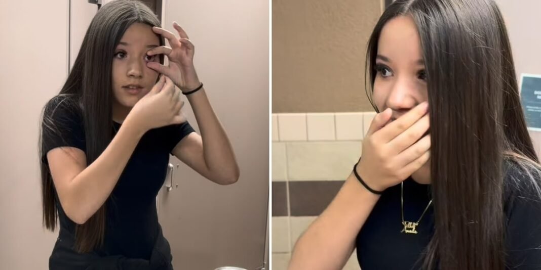 Jovem emocionada ao perceber a cura da visão em um espelho