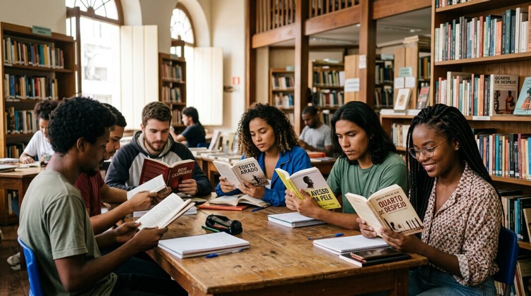 Jovens adultos lendo em um ambiente acadêmico ou comunitário