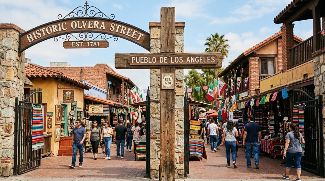 Cruz de madeira histórica na entrada de Olvera Street em Los Angeles