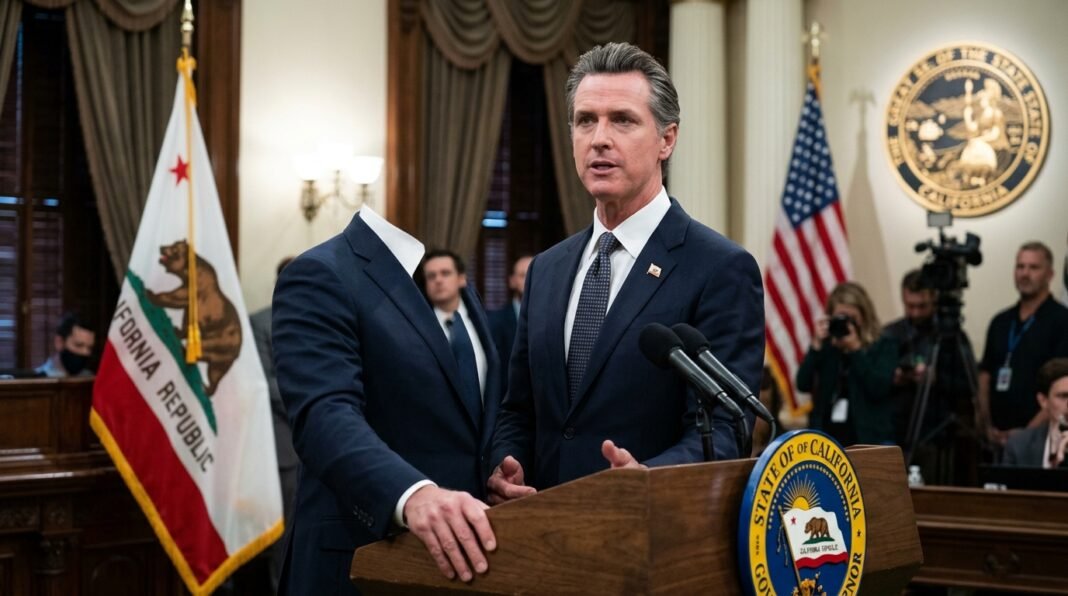 Governador da Califórnia Gavin Newsom discursando em conferência de imprensa