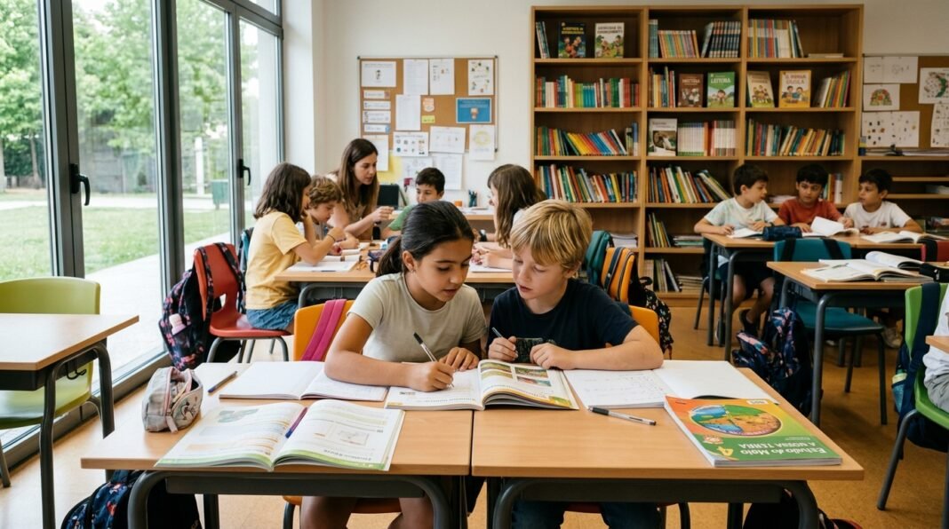 Alunos em uma sala de aula moderna durante o período de aprendizado.