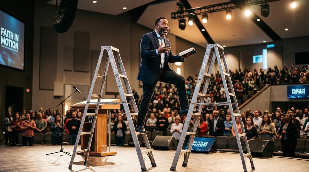 Pastor Josh Howerton realizando sermão com auxílio de escadas na Lakepointe Church