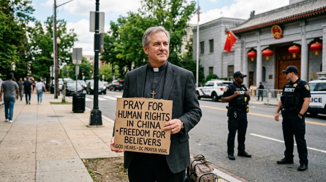 Pastor Patrick Mahoney protestando em frente à Embaixada da China