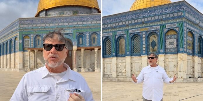 Pastor Joel Engel em oração diante de muralhas em Jerusalém
