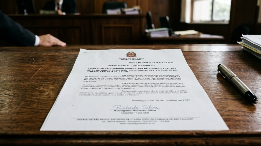 Documento legal em uma mesa de tribunal representando a disputa judicial.