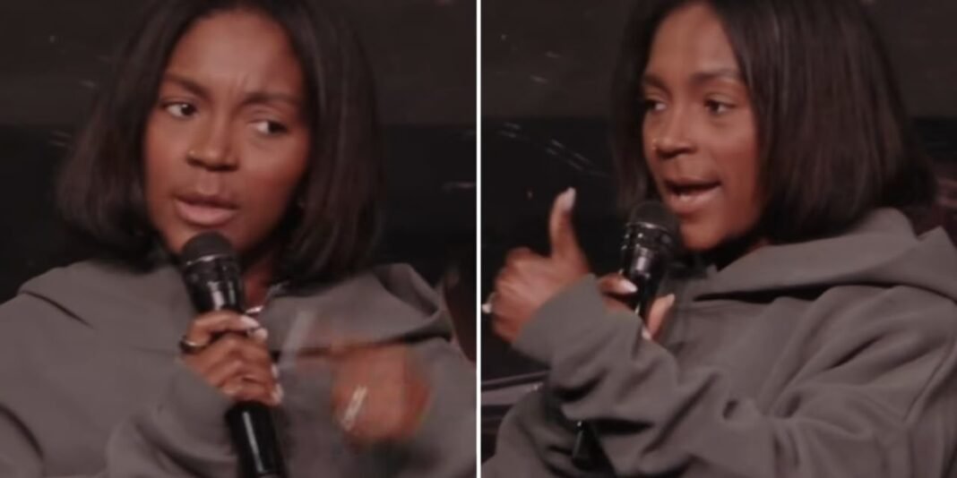 Pastora Carline Lorenzo durante compartilhamento de testemunho.