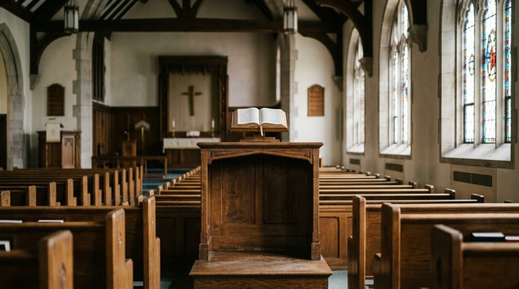 Púlpito de igreja cristã em ambiente sóbrio e iluminado