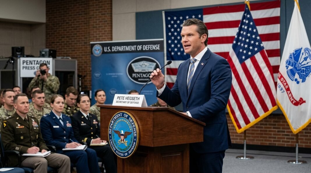 Secretário de Guerra Pete Hegseth discursa durante evento do Pentágono