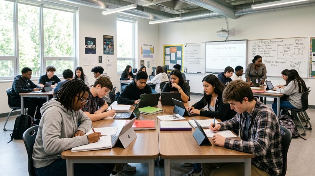 Estudantes em uma sala de aula de escola secundária nos EUA