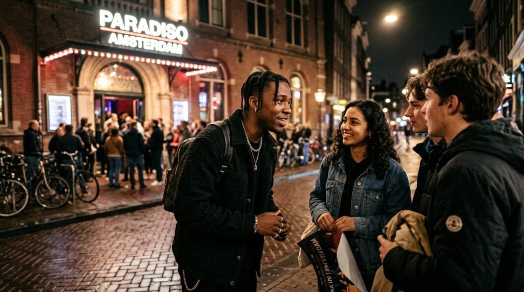 Rapper Hulvey conversando com fãs em frente ao local do show em Amsterdã
