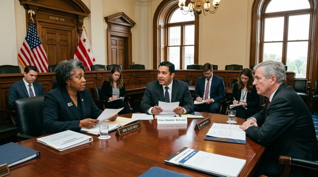 Senadores e membros da organização Prison Fellowship em sessão no Capitólio.