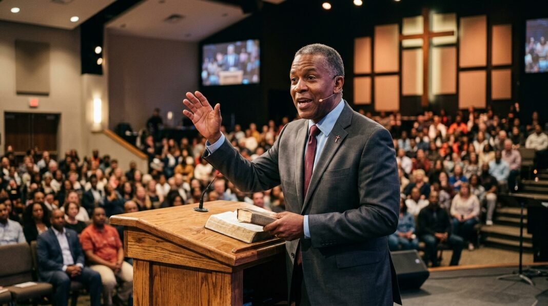 Pastor pregando durante culto em igreja protestante