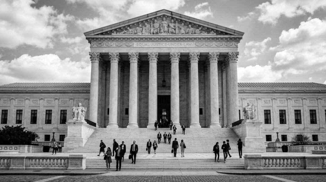 Fachada de um tribunal norte-americano com colunas clássicas.