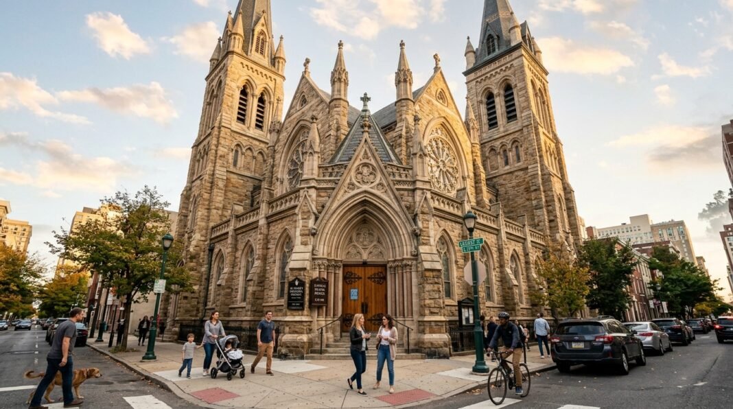 Fachada de igreja urbana nos EUA sob luz de fim de tarde